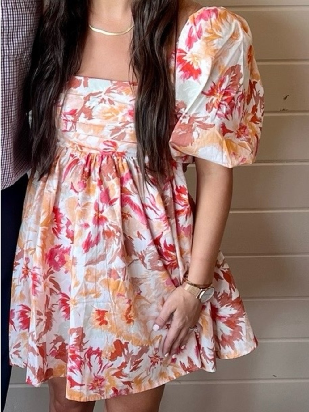 Abercrombie & Fitch Floral Puff-Sleeve Mini Dress in Orange, Cream, red & brown